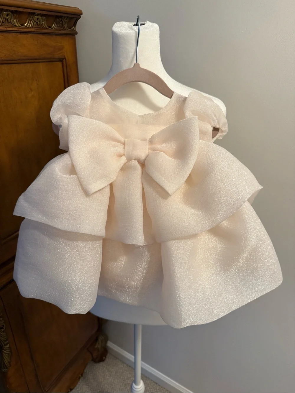 Bonnie Baby Shimmery Ivory Bow Layered Party Dress with Bloomers